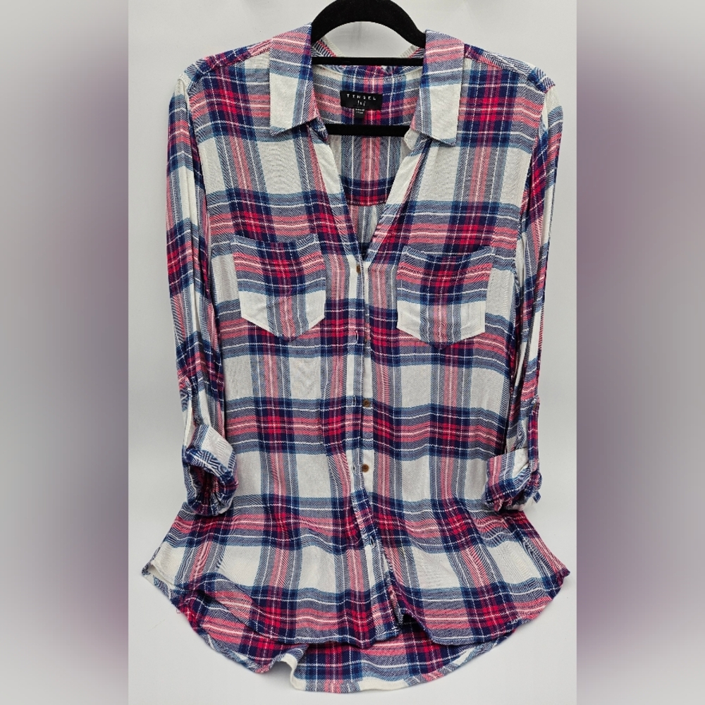 Tinsel Women’s Large Pink Blue Plaid Long Sleeve Button Down Shirt 100% Rayon